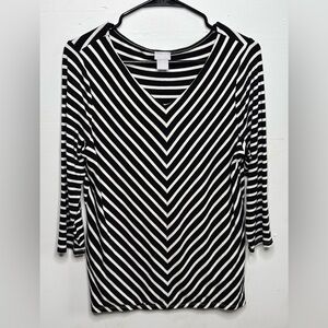 Chico's V-Neck Black and White Striped Long Sleeve Top